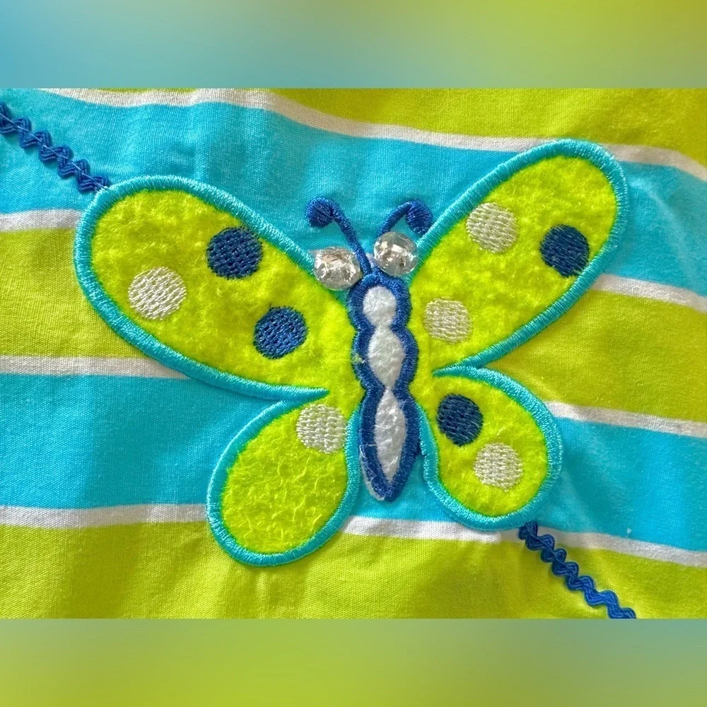 Youngland Girl Green & Blue Striped with PolkaDot Ruffles Butterfly Dress (1072)
